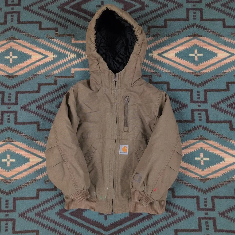 Carhartt Jacket Youth XS 6 Brown Duck Cloth Quilt Lined Canvas Coat Distressed